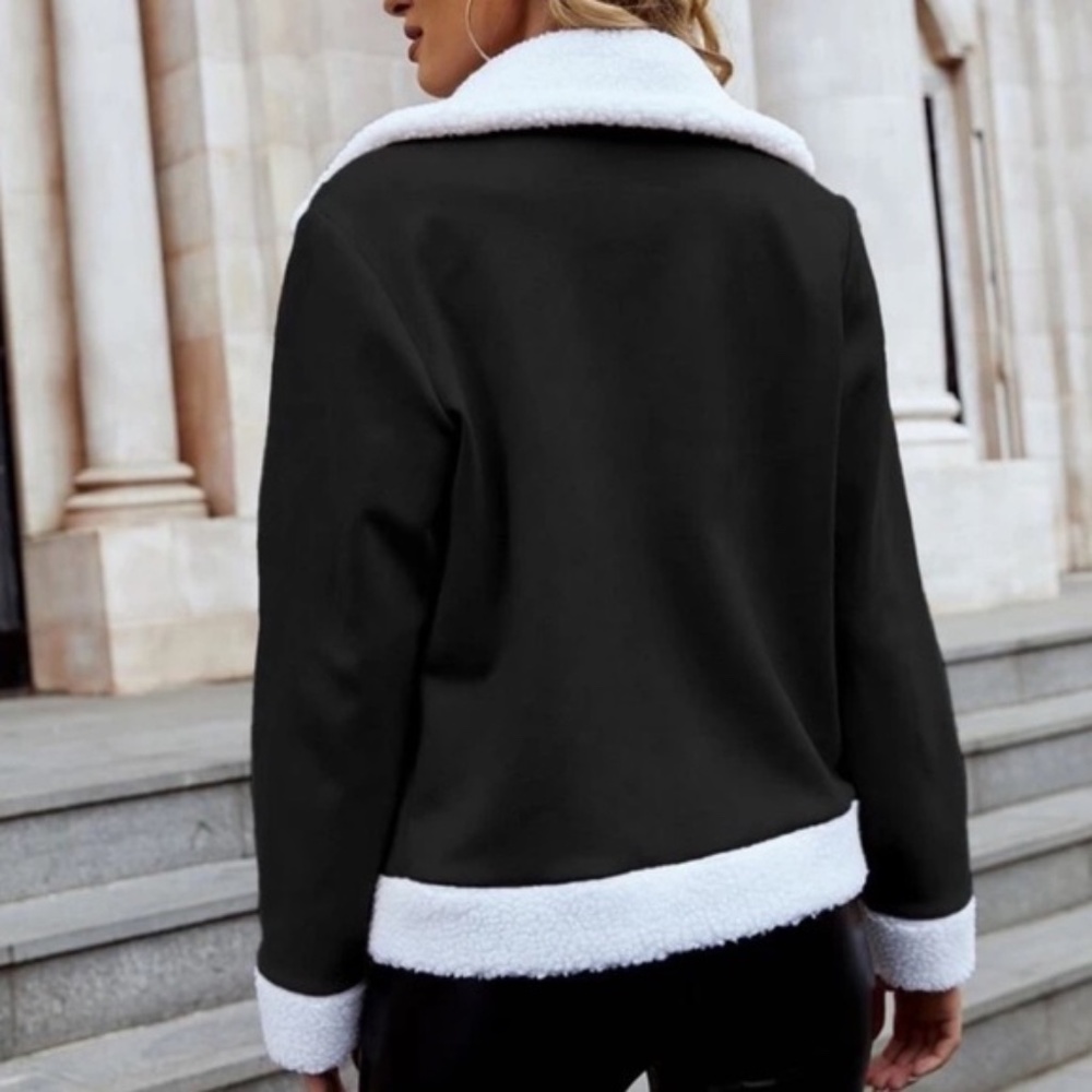Cozy teddy lined cuff collar zip up Moto vegan suede jacket - Picture 4 of 9